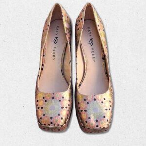 Katy Perry The Uplift Platform Shoe Block Heel Metallic Floral Gold/Black W 9.5